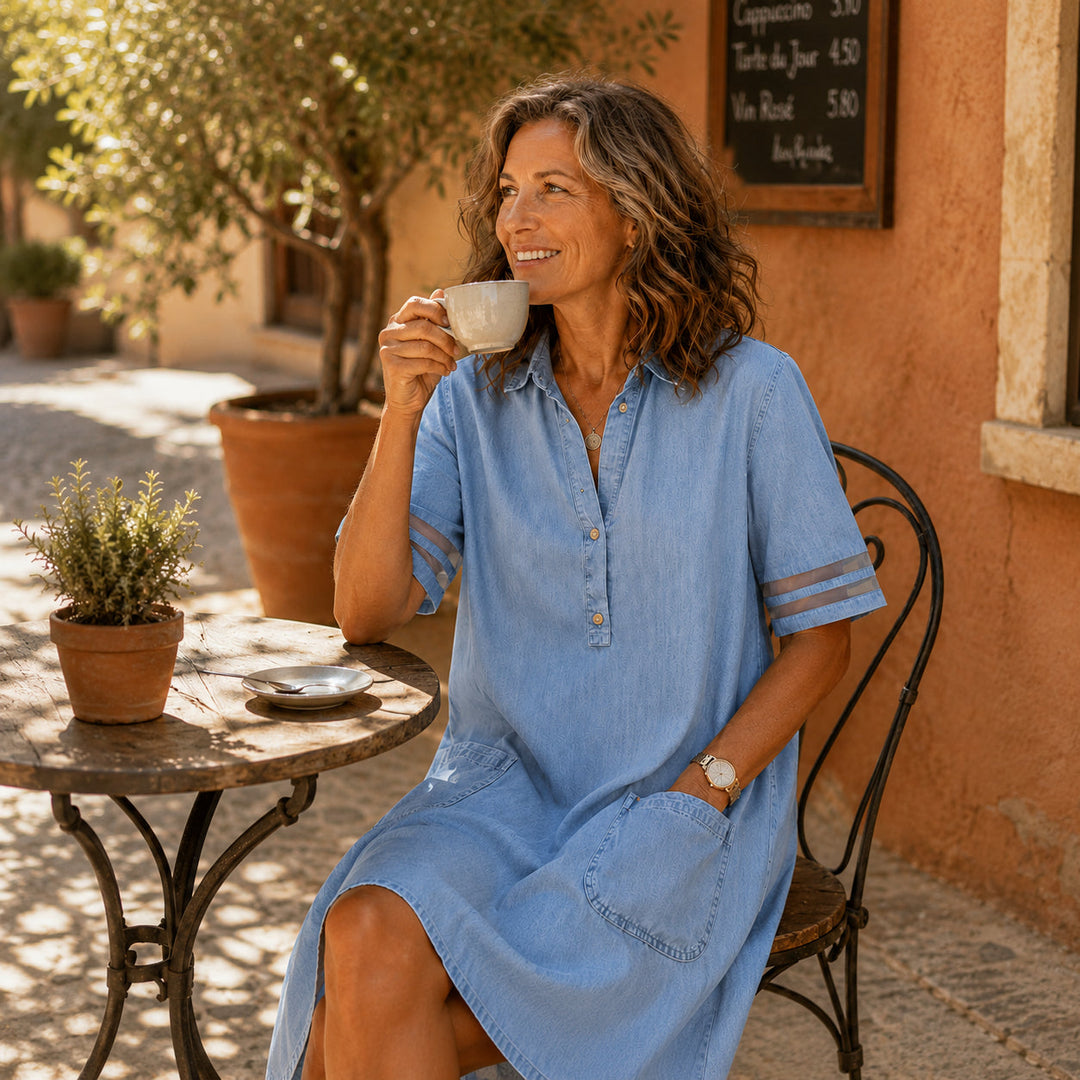 Light Denim Shirt Dress with Pockets, A-Line Mini for Women