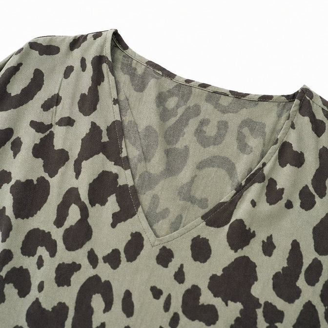 Leopard Print V-Neck Maxi Dress with Pockets, Loose Kaftan Fit, 4 Colors