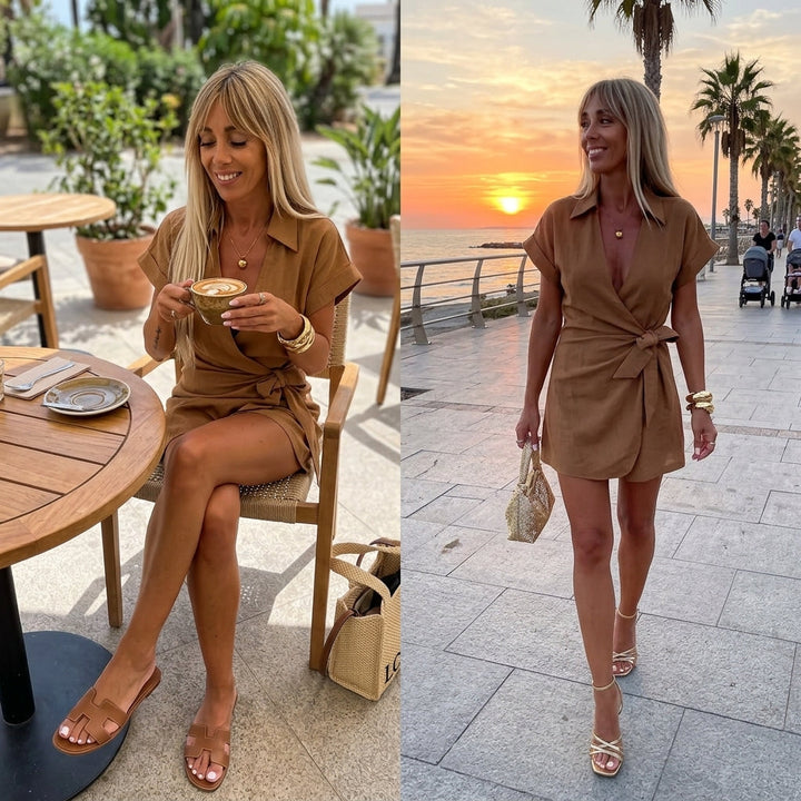 Linen Look Wrap Collar Romper