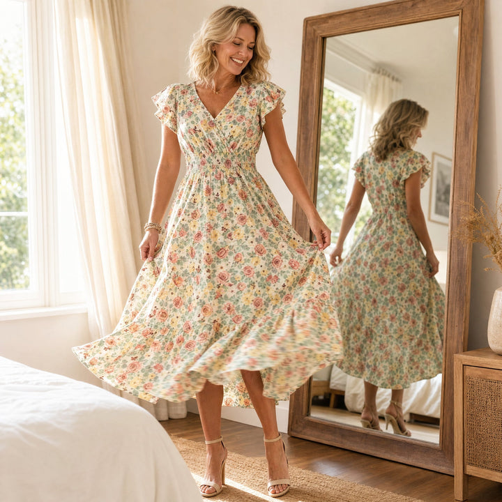 Floral V-Neck Smocked Waist Midi Dress