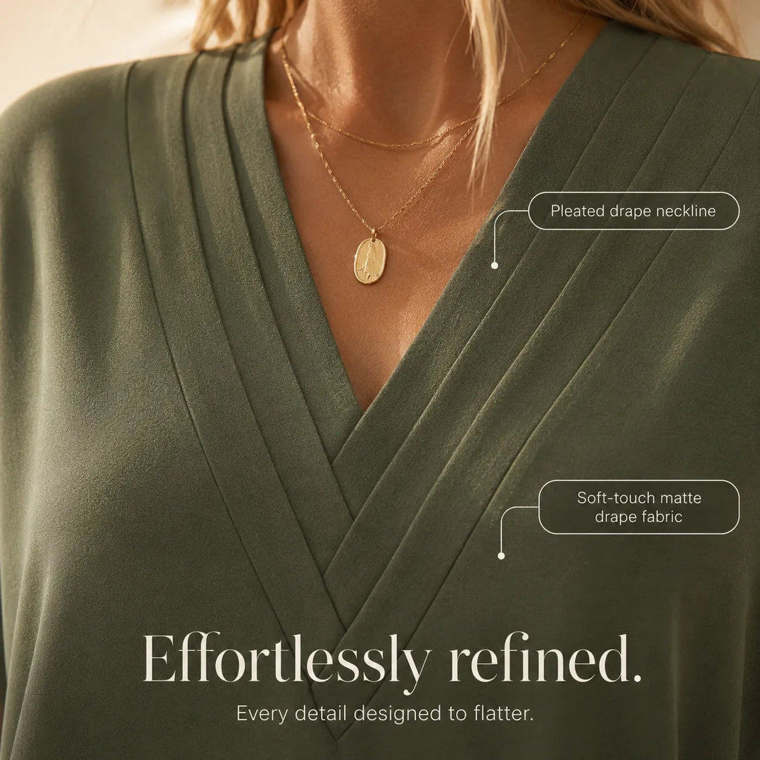 Pleated V-Neck Soft-Drape Shift Dress