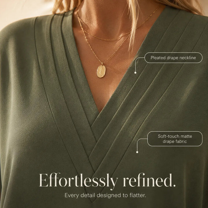 Pleated V-Neck Soft-Drape Shift Dress