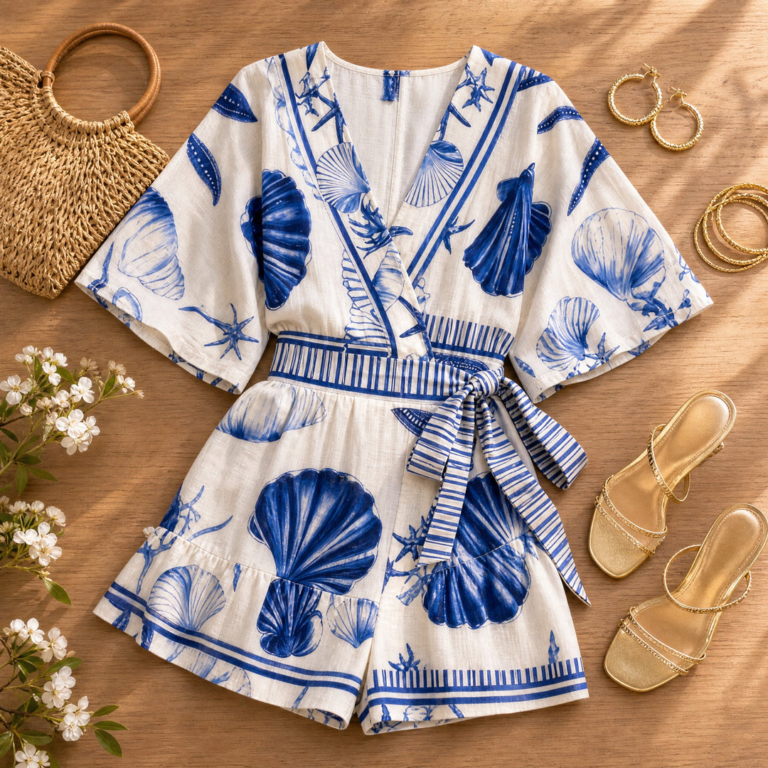 Coastal Shell Print Wrap Romper