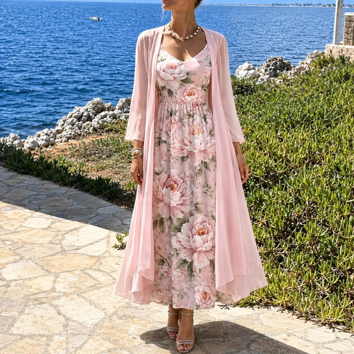 Two-Piece Floral Maxi Dress with Sheer Duster
