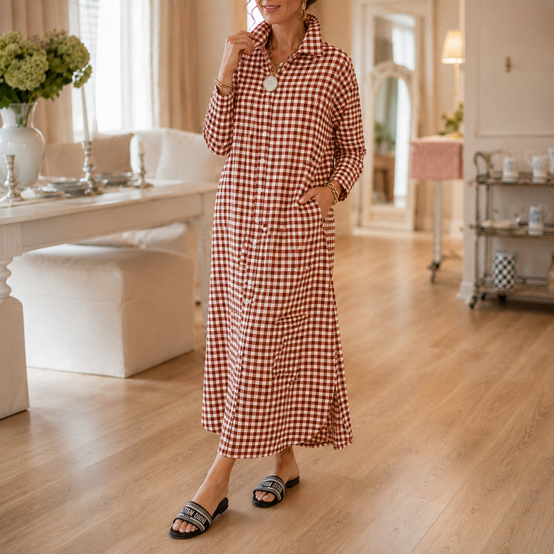 Gingham Button-Front Maxi Shirt Dress with Side Slits