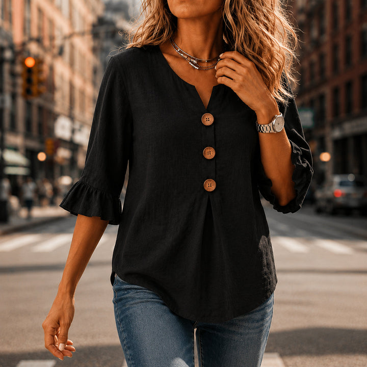V-Neck Ruffle Sleeve Blouse with Buttons