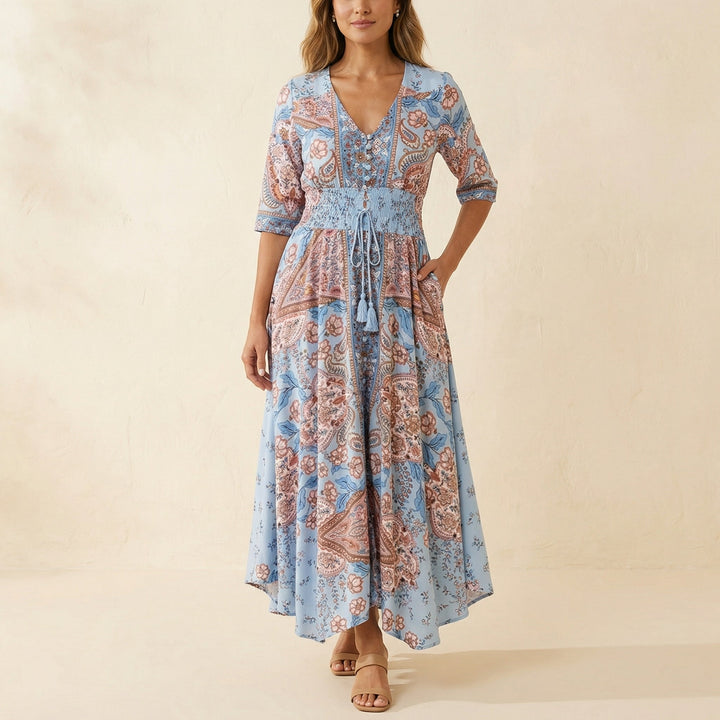 Flowy Floral V Neck Maxi Dress