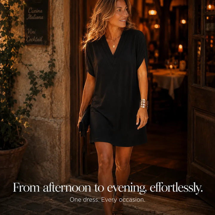 Pleated V-Neck Soft-Drape Shift Dress