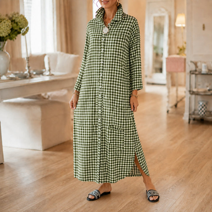 Gingham Button-Front Maxi Shirt Dress with Side Slits