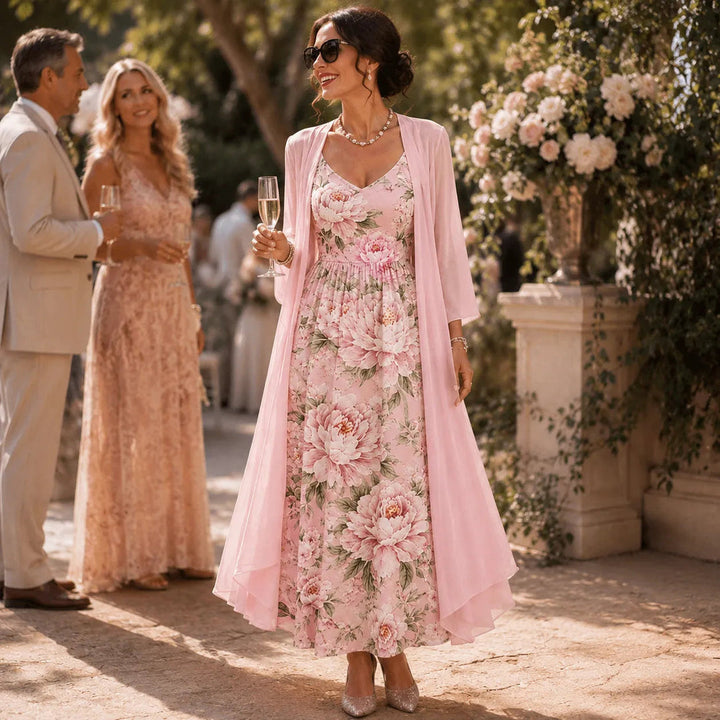 Two-Piece Floral Maxi Dress with Sheer Duster