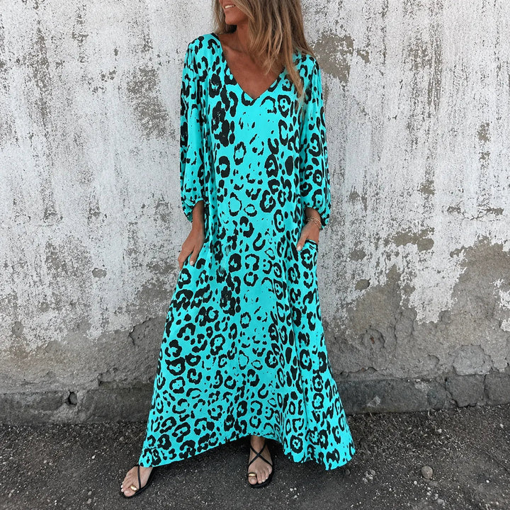 Leopard Print V-Neck Maxi Dress with Pockets, Loose Kaftan Fit, 4 Colors