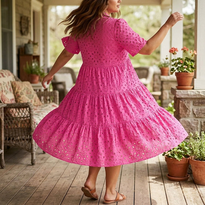 Flowy V-Neck Eyelet Dress for Curvy Fit