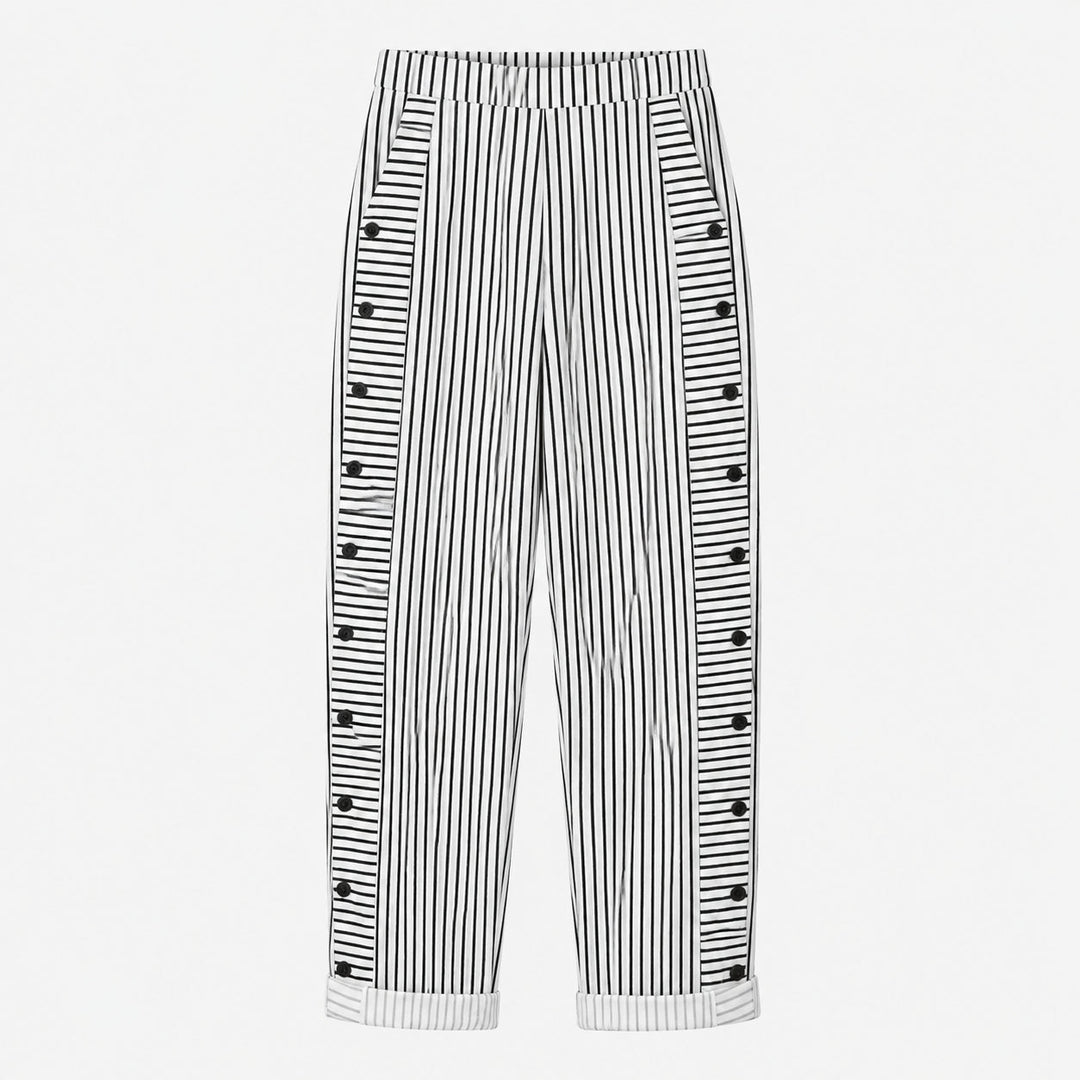 Striped Cotton Pants with Button Trim