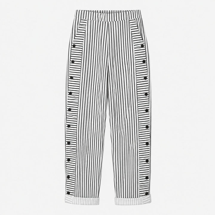 Striped Cotton Pants with Button Trim