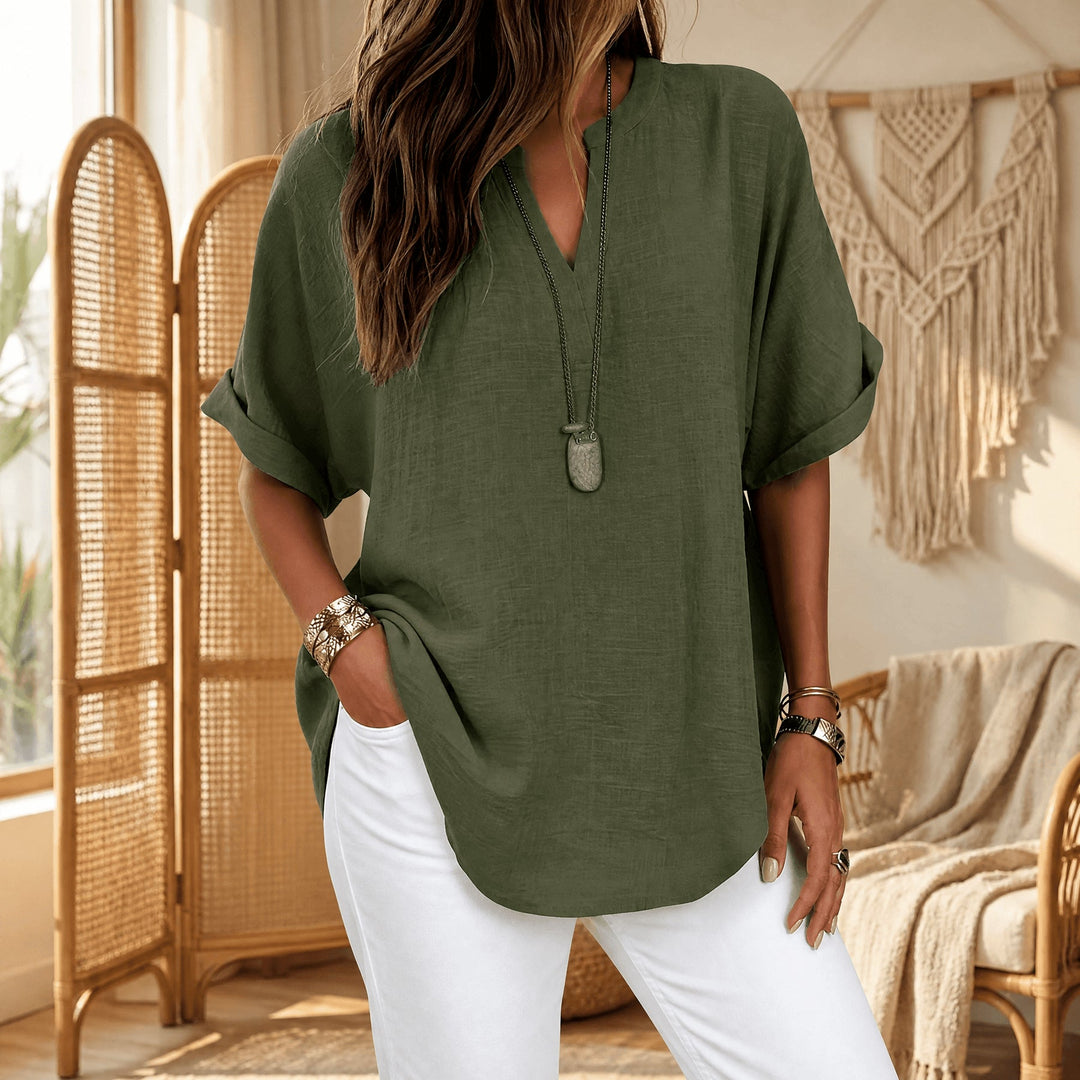 Breezy V Neck Blouse with Curved Hem