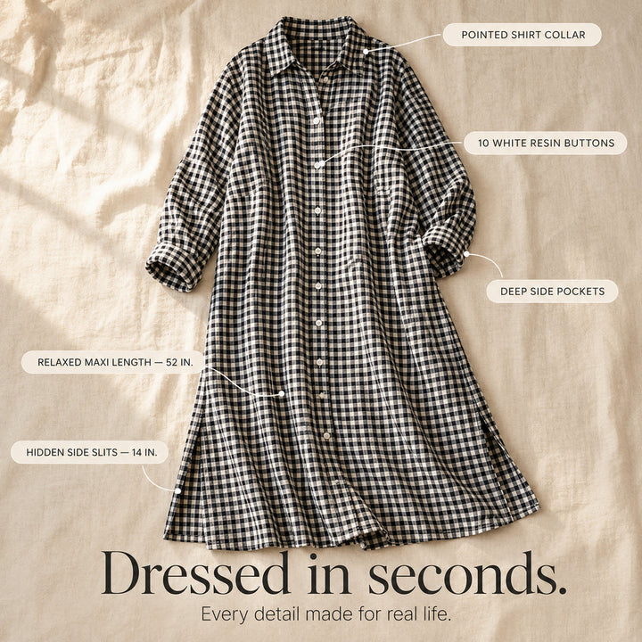 Gingham Button-Front Maxi Shirt Dress with Side Slits