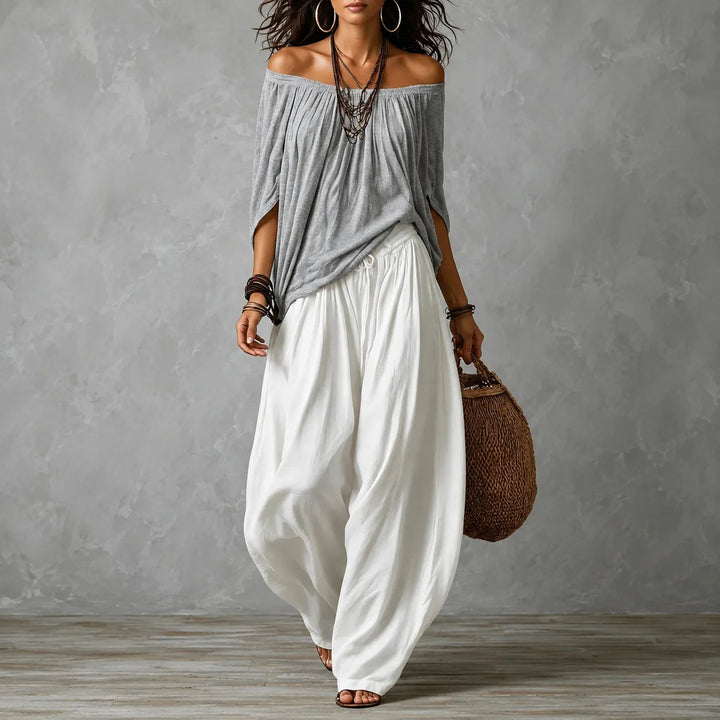 Off-Shoulder Boho Top and Lantern Pants Set for Women