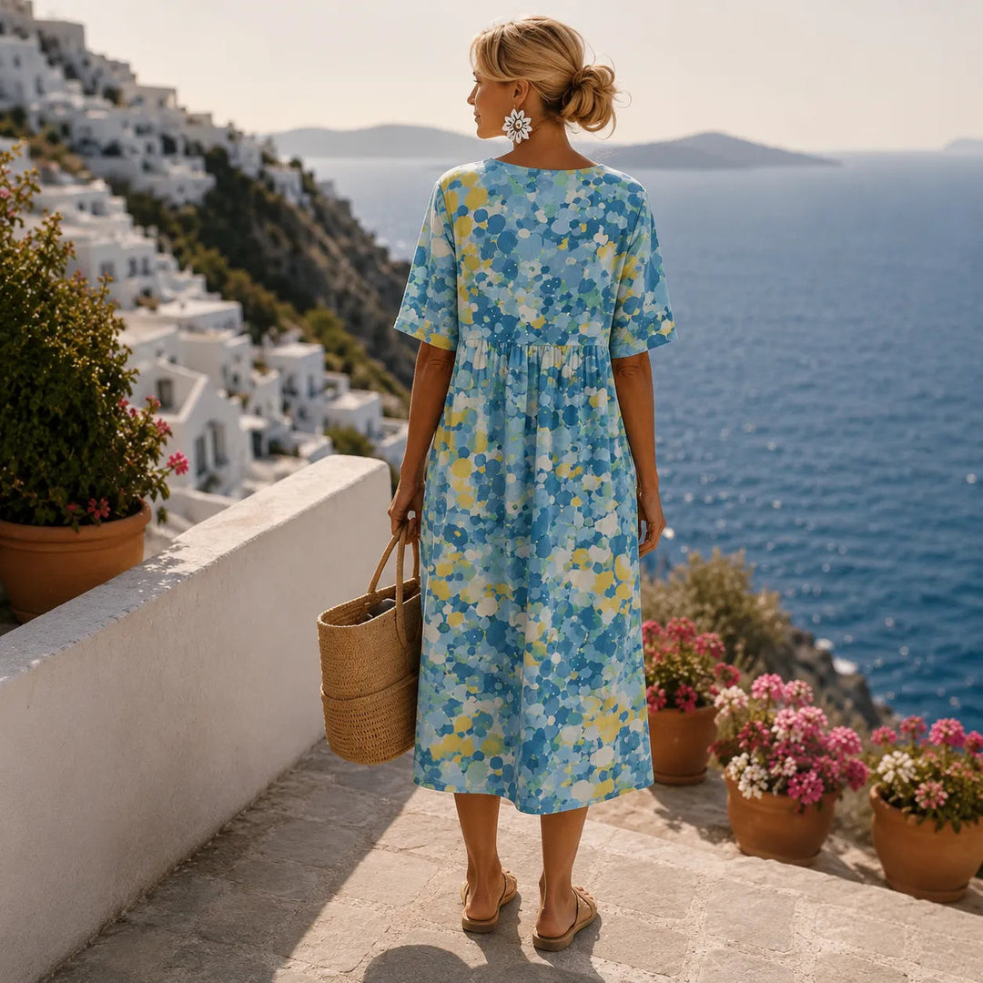 Watercolor print flowing midi dress with pockets