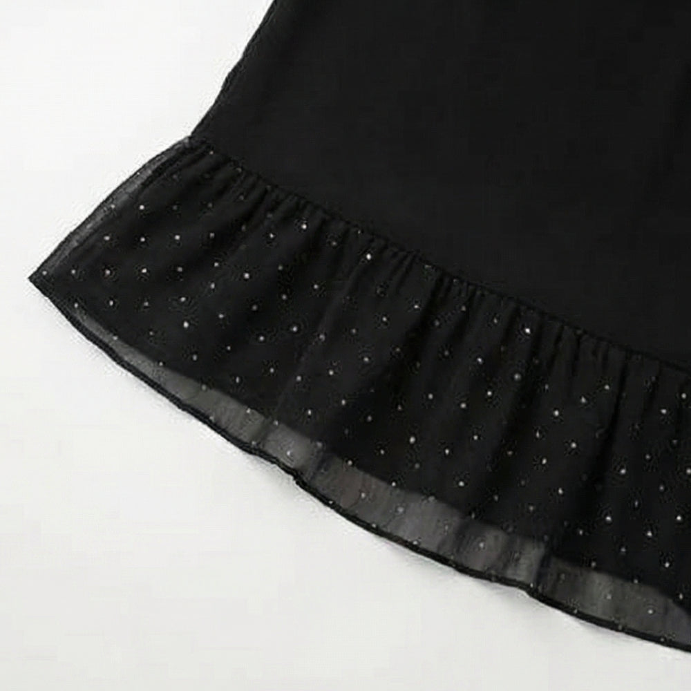 Rhinestone Mesh Sleeve Dress with Ruffle Hem