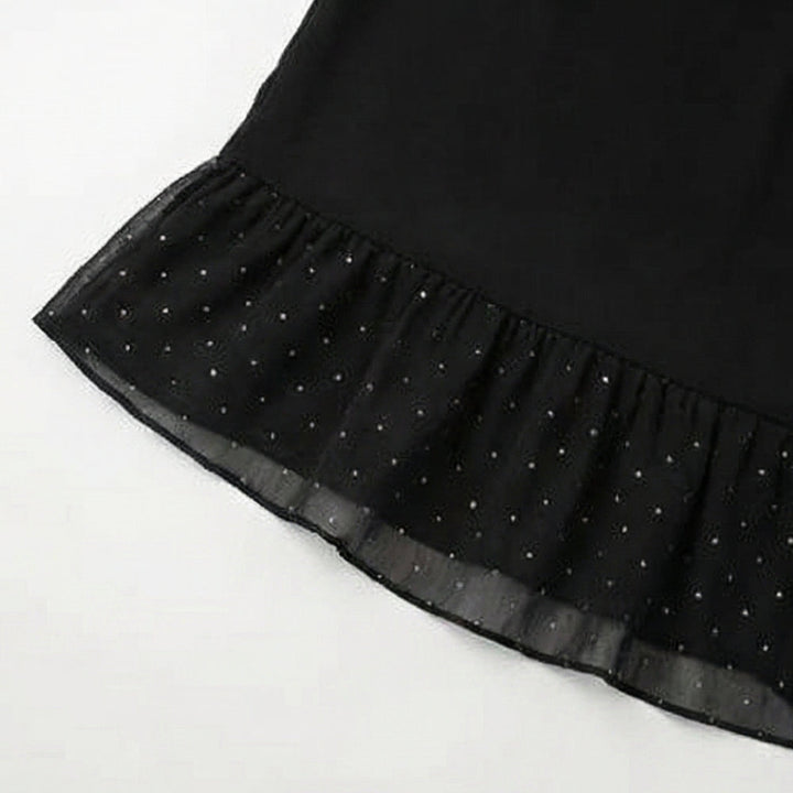Rhinestone Mesh Sleeve Dress with Ruffle Hem