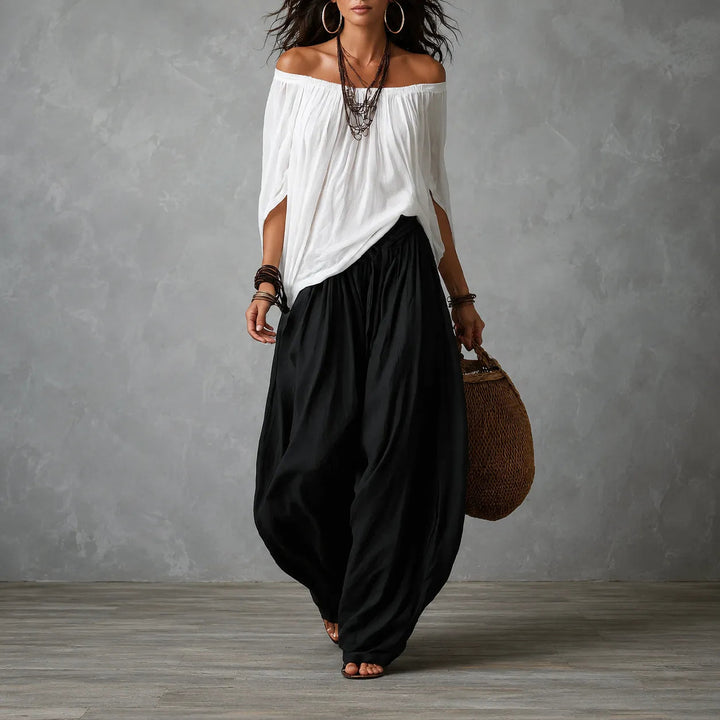 Off-Shoulder Boho Top and Lantern Pants Set for Women