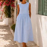 Sleeveless Striped Midi Dress with Pockets, Breezy Drop-Waist Summer Dress for Women