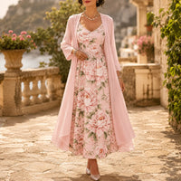 Two-Piece Floral Maxi Dress with Sheer Duster