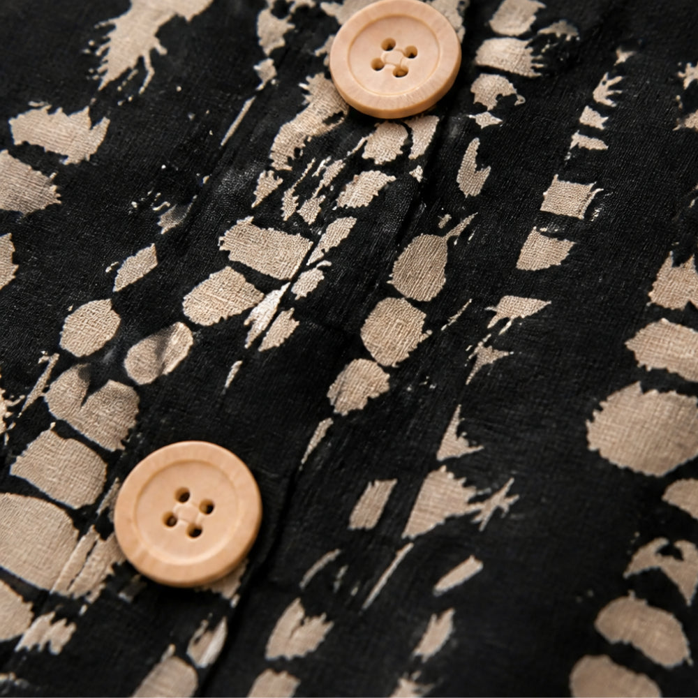 Printed A-Line Shift Dress with Short Sleeves &amp; Buttons