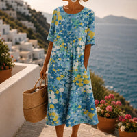 Watercolor print flowing midi dress with pockets