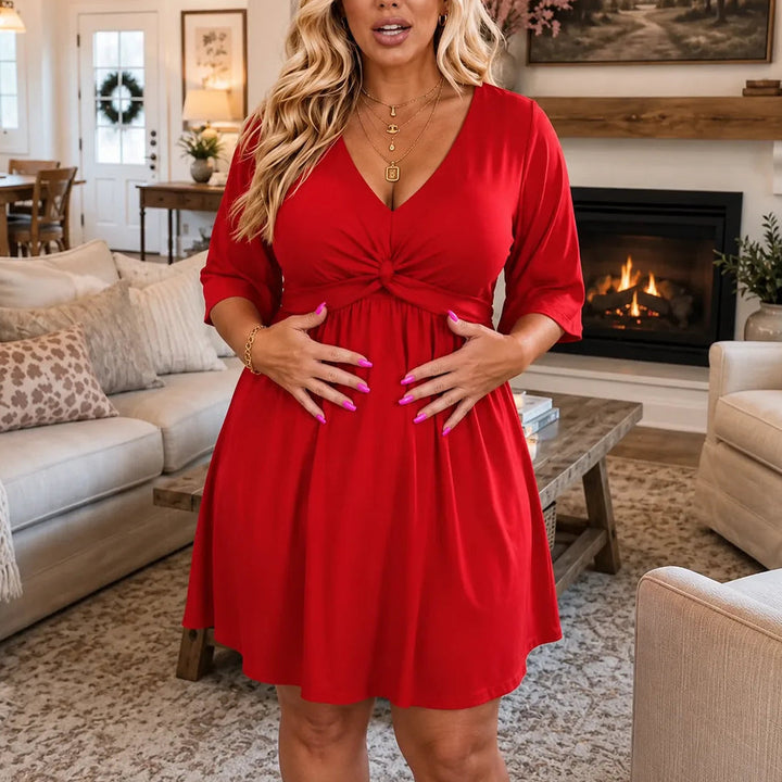 Plus Size V-Neck Twist Front Flutter Sleeve Dress with Pockets