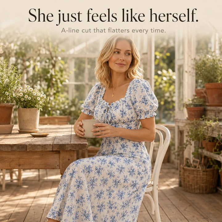 Floral Midi Dress with Tie-Front Square Neckline