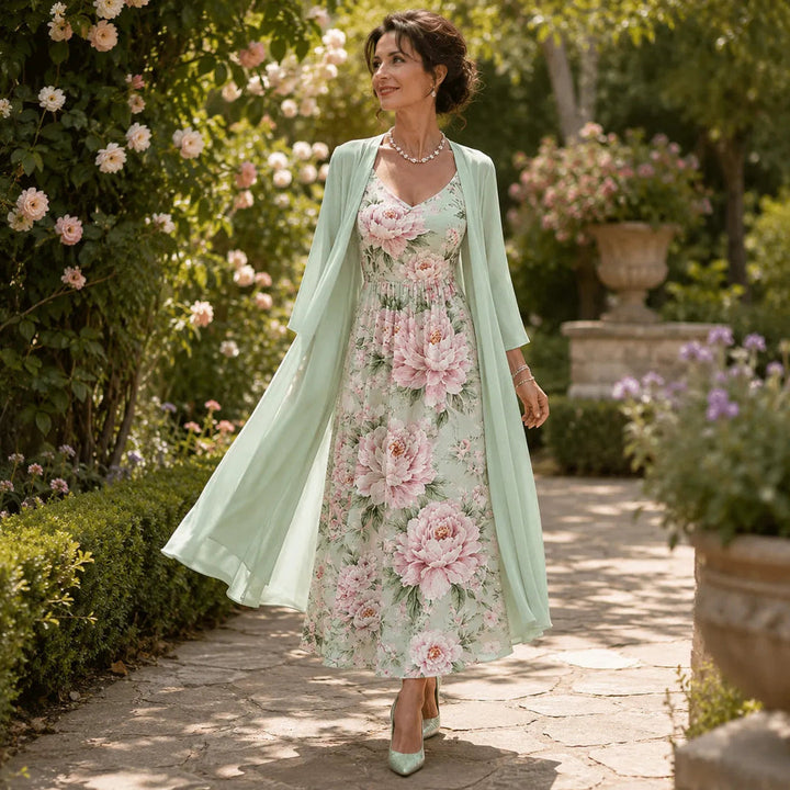 Two-Piece Floral Maxi Dress with Sheer Duster