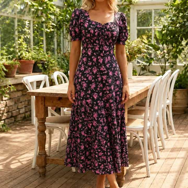 Floral Midi Dress with Tie-Front Square Neckline