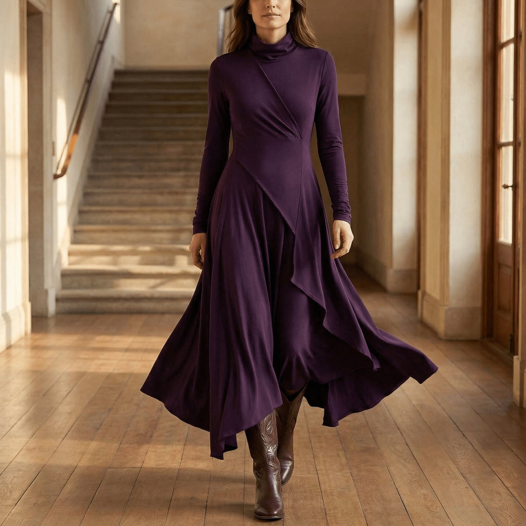 Asymmetrical Draped High Neck Maxi Dress