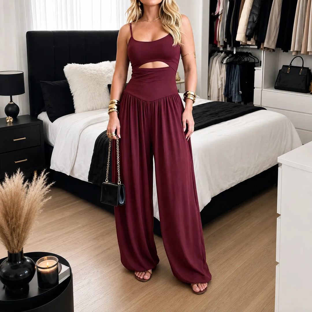 Sleeveless Cutout Wide Leg Jumpsuit with Adjustable Back Tie
