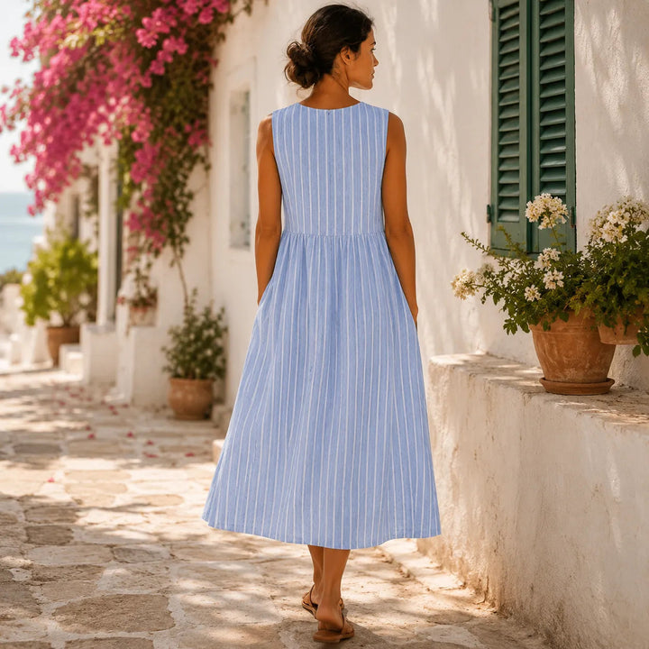 Sleeveless Striped Midi Dress with Pockets, Breezy Drop-Waist Summer Dress for Women