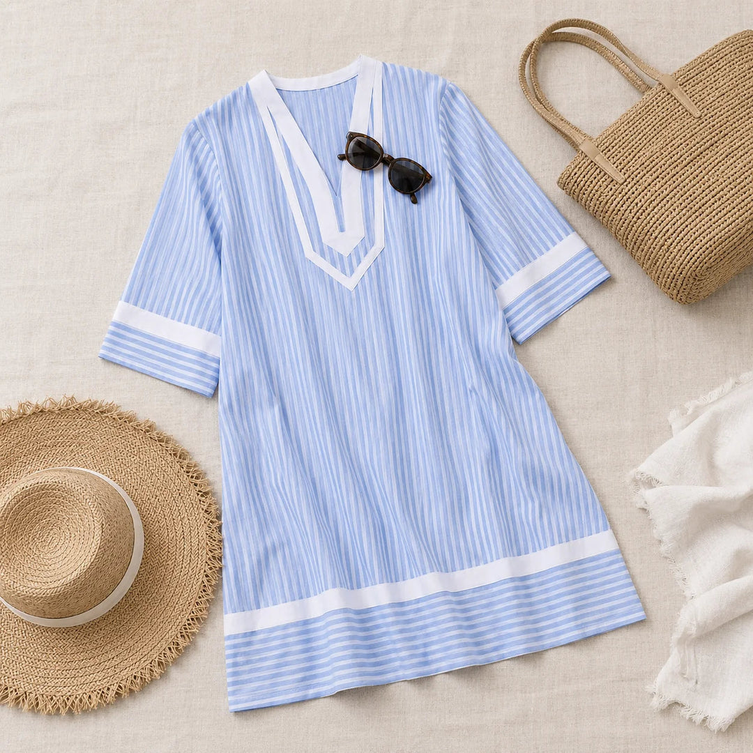 Striped V-Neck Tunic Dress with Pockets