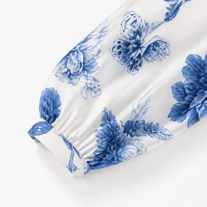 Blue Floral Peony Button-Front Maxi Shirt Dress with Pockets