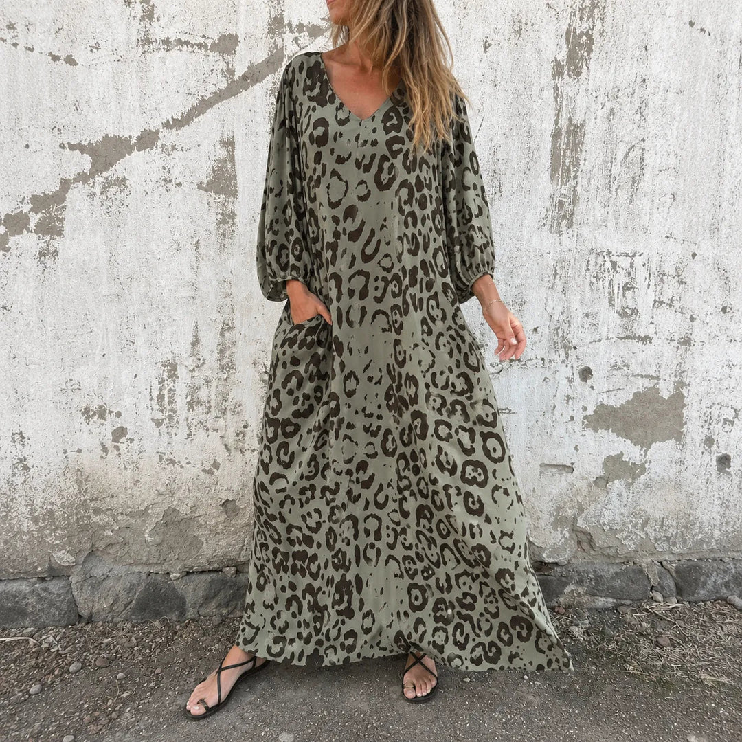 Leopard Print V-Neck Maxi Dress with Pockets, Loose Kaftan Fit, 4 Colors