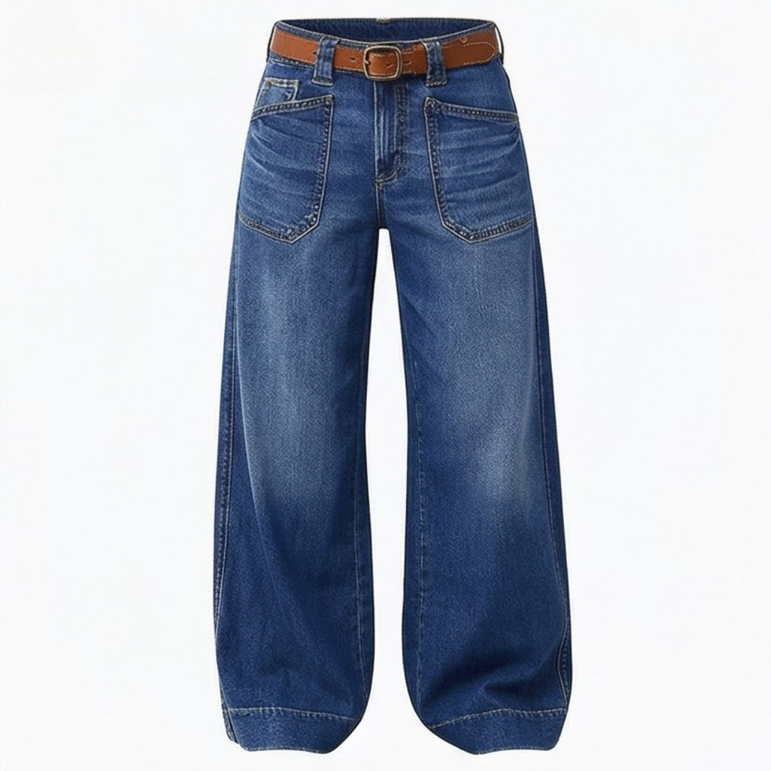 Retro Patch Pocket Wide Leg Jeans