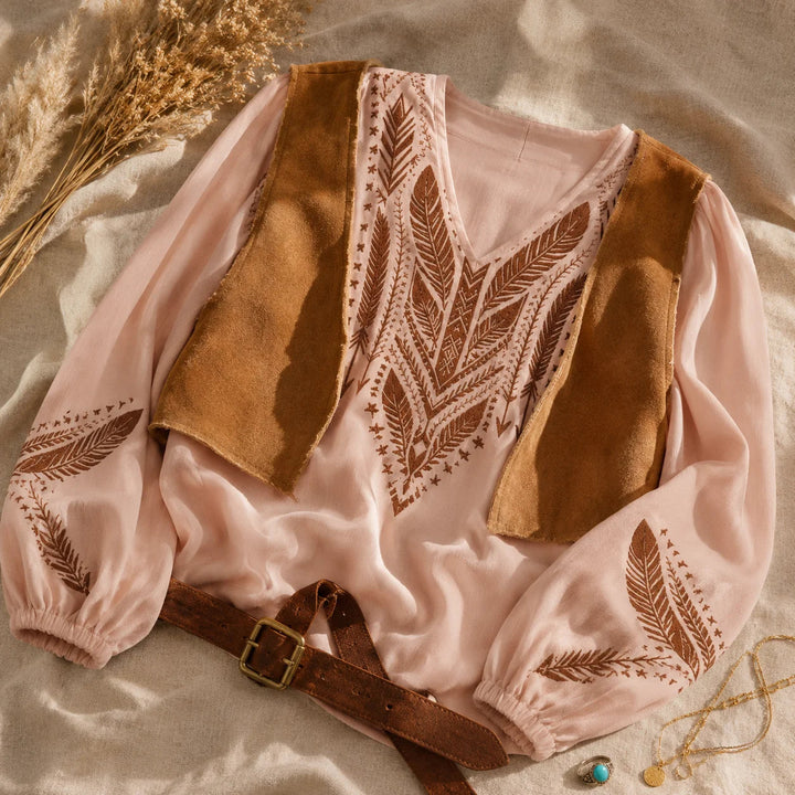 Embroidered Boho Blouse, V-Neck, Balloon Sleeve