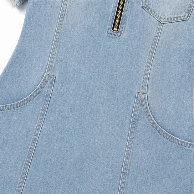 Cold Shoulder Zip Front Frayed Denim-like Mini Dress