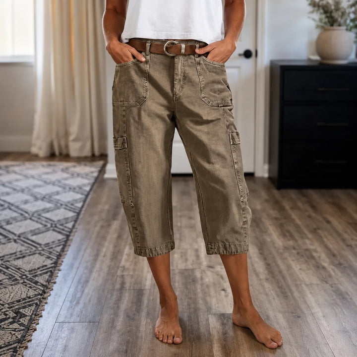 Relaxed Cargo Capris with Deep Utility Pockets, Mid-Calf Length, Mocha