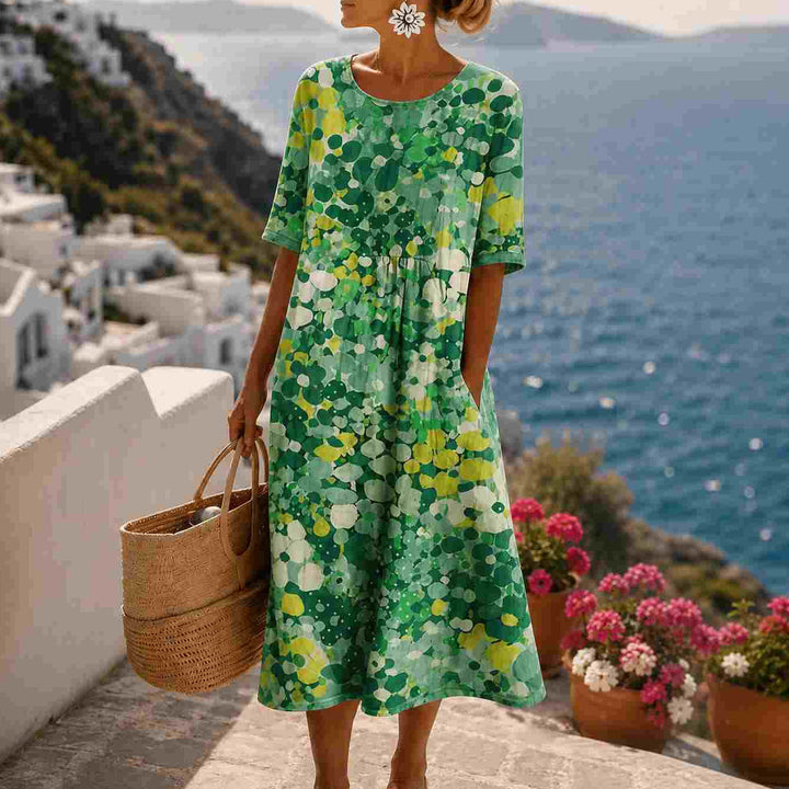 Watercolor print flowing midi dress with pockets