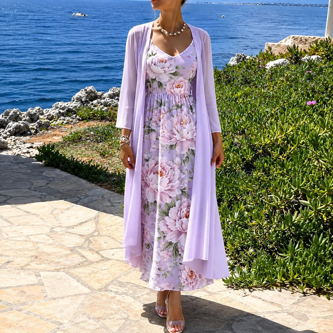 Two-Piece Floral Maxi Dress with Sheer Duster