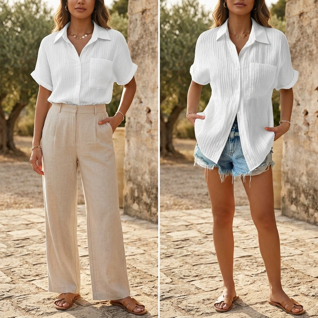 Textured Crinkle Button Down Blouse