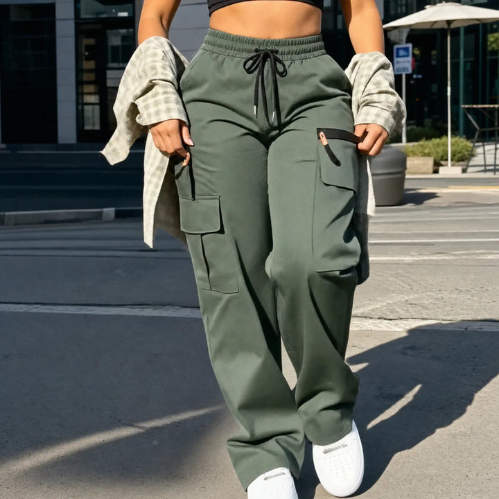 Wide-Leg Drawstring Cargo Pants with Pockets