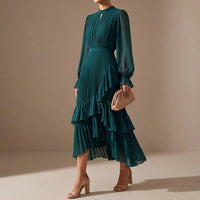 Pleated Ruffle Midi Dress