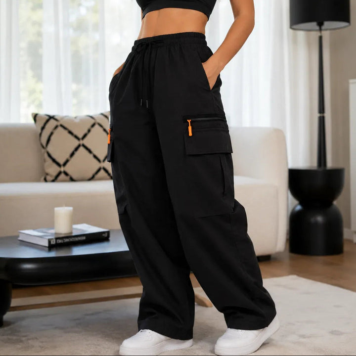 Wide-Leg Drawstring Cargo Pants with Pockets
