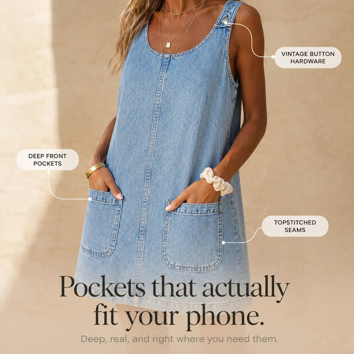 Lightweight Denim Pinafore Dress with Front Pockets